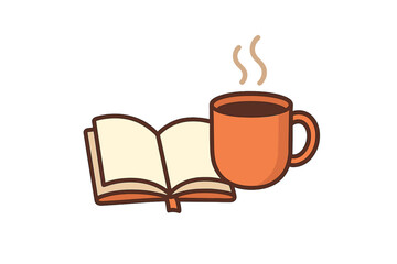 Open book and cup of hot coffee or tea. Reading, study or education concept. Logo for book club, blog, library or bookstore. Cozy morning hobby with a warm drink. Vector icon.