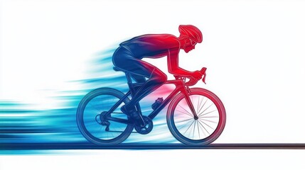 Fototapeta premium Dynamic illustration of a cyclist in aerodynamic posture racing on a road bike with motion blur in blue and red tones conveying speed and intensity