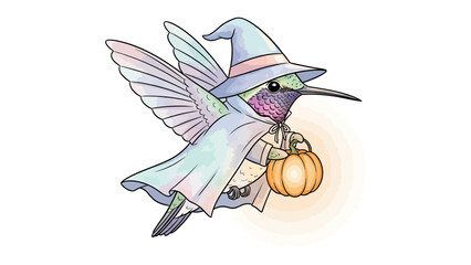 Hummingbird Wizard: An adorable illustration of a hummingbird in a wizard costume, holding a glowing pumpkin, ready for a spooky adventure