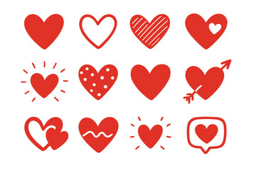Red hearts sticker set for Valentine's Day. Romantic love symbol collection. Flat hand drawn icons for decoration. Cupid arrow, social media like, heartbeat, shining clipart.