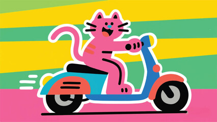 Cute Cat Riding a Scooter Illustrator Artwork Banner Background Design Template 