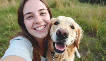 Portrait and selfie with dog on grass field for picture, memory or companion in nature. 