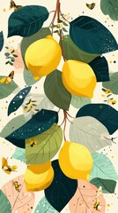 Vibrant lemon branch with delicate butterflies and lush leaves on a soft background