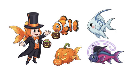 Halloween fish art: Artistic illustration of a charming Halloween-themed fish, adorned with spooky costumes and a whimsical jack-o'-lantern, against a pure background.