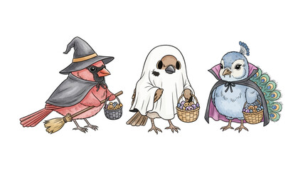 Costumed Birds on Halloween:  An adorable trio of cartoon birds dressed in whimsical Halloween costumes, each carrying a treat basket, ready for trick-or-treating.