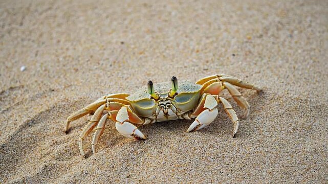 Ghost Crab Walking on Sandy Beach with Ripples in Sunlight