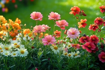 Fototapeta premium A vibrant garden bed filled with white daisies, pink and red cosmos flowers under bright sunlight on a green blurred background conveying freshness and beauty