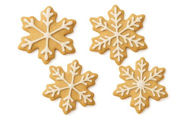 Snowflake gingerbread cookies with white icing decoration, festive winter holiday dessert concept on transparent background