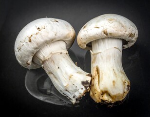 Two mushrooms on a dark surface