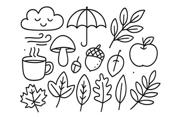 Hand drawn vector linear doodle illustrations of autumn leaves, acorns, mushroom, umbrella, apple, cloud, and hot drink. Hello fall minimalistic seasonal decor set with transparent background