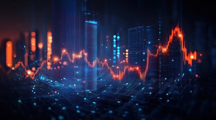 Futuristic digital cityscape with glowing skyscrapers and a dynamic orange financial graph line overlay illustrating fluctuating data amid blue and red light points