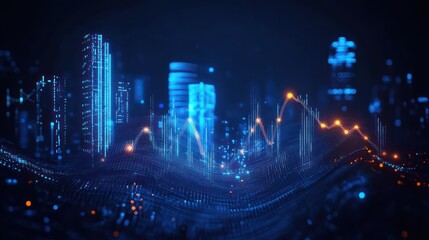 Futuristic digital cityscape with glowing blue skyscrapers and dynamic orange data line graph on wave-like grid representing technological growth and data flow
