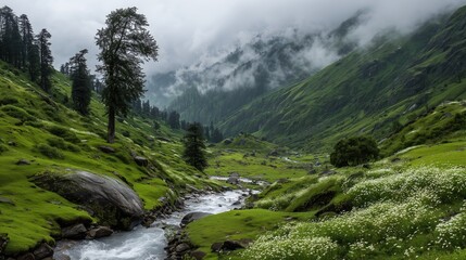 Green mountains and flowing river create a peaceful landscape under cloudy skies in a serene valley