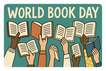 World Book Day Celebration Banner with Hand-Drawn Lettering, Diverse Hands Holding Open Books, Education Literacy Concept, Reading Promotion, Flat Vector Illustration