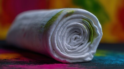 Rolled white towel resting on colorful surface with vibrant hues in the background