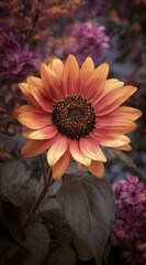 Sunflower blooming amidst vibrant purple flowers in a tranquil garden setting