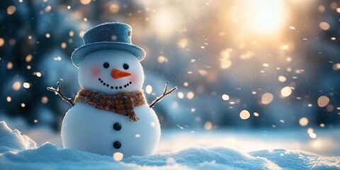 Happy snowman wearing a blue hat and orange plaid scarf stands in snowy landscape with glowing sunlight and falling snowflakes