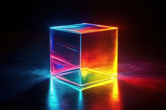 Glowing transparent cube illuminated with vibrant neon colors casting reflections on dark surface