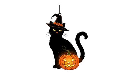 Spooky Cat with Jack-o'-Lantern: A sleek black cat, adorned with a witch hat, holds a glowing jack-o'-lantern, perfectly embodying the eerie spirit of Halloween.
