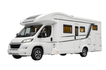 Modern RV motorhome camper van with solar panels side view isolated on transparent background, luxury travel vehicle illustration
