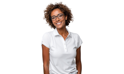 Happy old woman in a white polo shirt and glasses smiles warmly at the camera