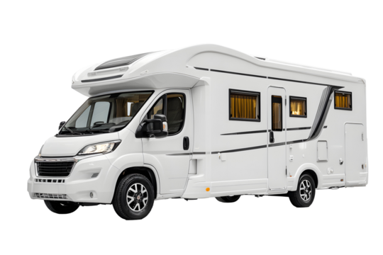 Modern RV motorhome camper van with solar panels side view isolated on transparent background, luxury travel vehicle illustration

