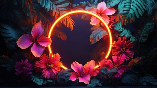 Glowing neon orange circular ring surrounded by vibrant tropical leaves and colorful hibiscus flowers creating a mystical and exotic atmosphere - Powered by Adobe