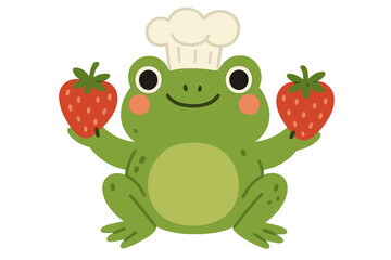 Cute frog chef character holding fresh strawberries. Funny amphibian cook in a chef hat. Cartoon vector illustration for kids menu, sweet food or cooking concept. Isolated graphic.