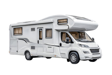 Modern RV motorhome camper van with solar panels side view isolated on transparent background, luxury travel vehicle illustration

