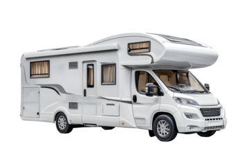 Modern RV motorhome camper van with solar panels side view isolated on transparent background, luxury travel vehicle illustration


