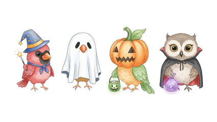 Whimsical Halloween Avian Crew: A charming assembly of four adorable birds, each decked out in festive Halloween costumes. Witness a wizard cardinal, a ghostly chick, a pumpkin-headed parrot.