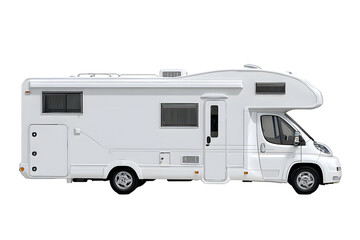 Modern RV motorhome camper van with solar panels side view isolated on transparent background, luxury travel vehicle illustration


