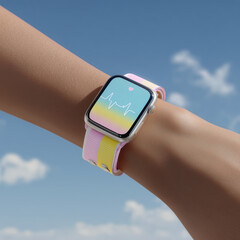 Smartwatch displays heartbeat data under clear sky with soft pastel colors in background
