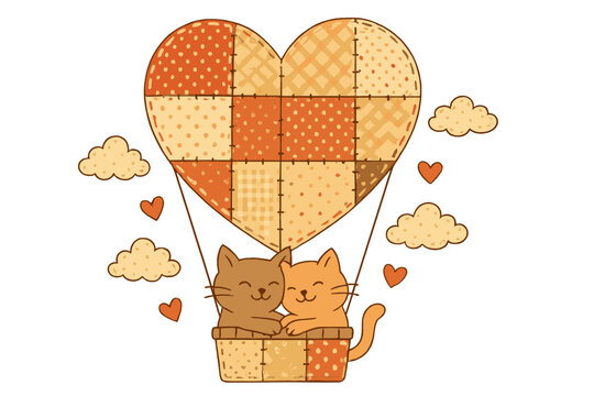 Valentine's Day card with cat couple in a patchwork heart hot air balloon. Cute romantic animal characters in love. Vector illustration for love concept. Romantic journey.