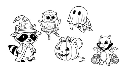 Spooky Halloween Friends: A cute collection of cartoonish Halloween characters in simple black and white style for coloring book. Including witch, owl, ghost turtle, pumpkin mouse, and vampire dragon.