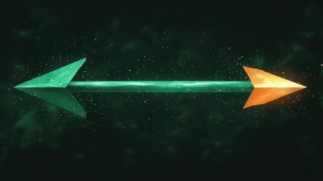 3D digital illustration of a glowing green arrow with an orange tip pointing in opposite directions against a dark background with particles