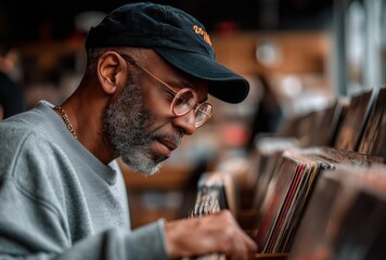 Exploring a vinyl collection in a cozy record store on a sunny afternoon