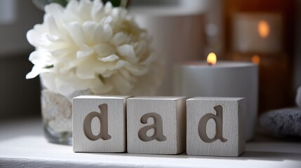 Decorative display featuring blocks spelling dad, a candle, and a flower on a table