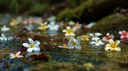 Flowers floating gently on the surface of a tranquil stream surrounded by lush greenery