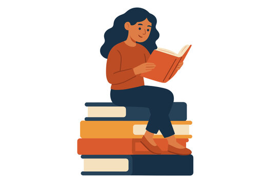 Young woman sitting on stacked books reading an interesting book. Concept of education, learning, libraries, exam preparation, knowledge, studying, and personal growth. Flat vector design.