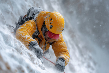 Climber conquering snowy mountain in winter storm while harnessed and focused on the ascent