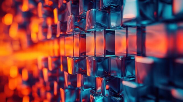 Abstract close-up view of translucent geometric cubes with blue and orange glowing light reflections creating a futuristic and vibrant atmosphere