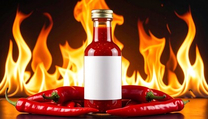Hot sauce bottle with blank white label surrounded by red chili peppers and fiery flame backdrop, isolated on white background, showcasing spicy flavor intensity and bold culinary branding.