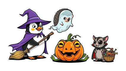 Halloween animal character group: A delightful group of animal characters celebrates the spooky season with playful charm, featuring a penguin witch, a hedgehog ghost, a grinning pumpkin, and a bat. 