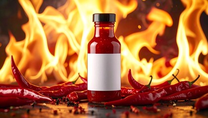 Hot sauce bottle with blank white label surrounded by red chili peppers and fiery flame backdrop, isolated on white background, showcasing spicy flavor intensity and bold culinary branding.