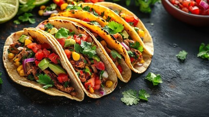Close-up of grilled chicken tacos filled with fresh vegetables including diced tomatoes, corn, avocado slices, red onions, and garnished with cilantro on a dark surface