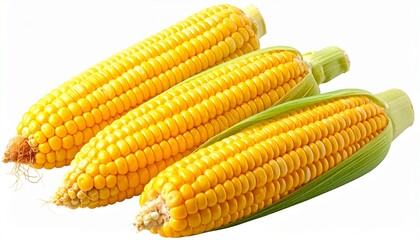 Two fresh ears of corn with green husks partially peeled back, revealing bright yellow kernels and silk strands, isolated on white background, showcasing vibrant agricultural produce and texture.