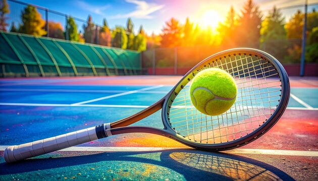Tennis racket and ball in mid-air on vibrant blue and red court with white lines, autumn trees and golden sunlight in background, showcasing dynamic sports action and scenic outdoor atmosphere.