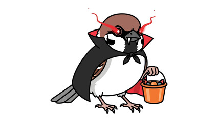 Spooky Sparrow's Halloween: A whimsical illustration of a cartoon sparrow in a vampire costume, holding a candy bucket, embodying the festive spirit of Halloween.