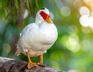 White Duck Perched on Branch.